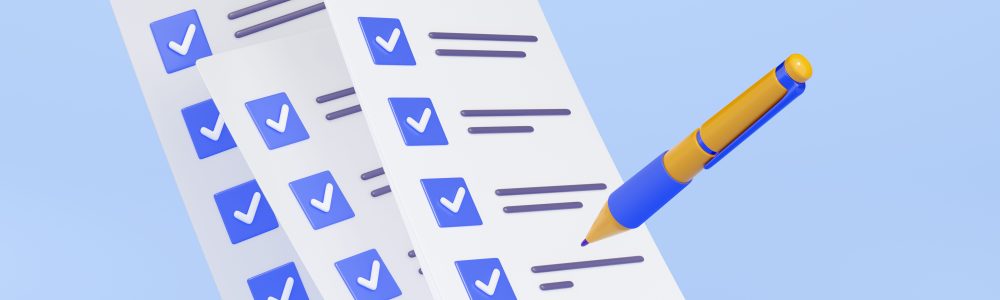 3D illustration of pen putting blue ticks on checklist papers. Election voting, successful fulfillment of business tasks, action plan for effective time management, quality control assessment form