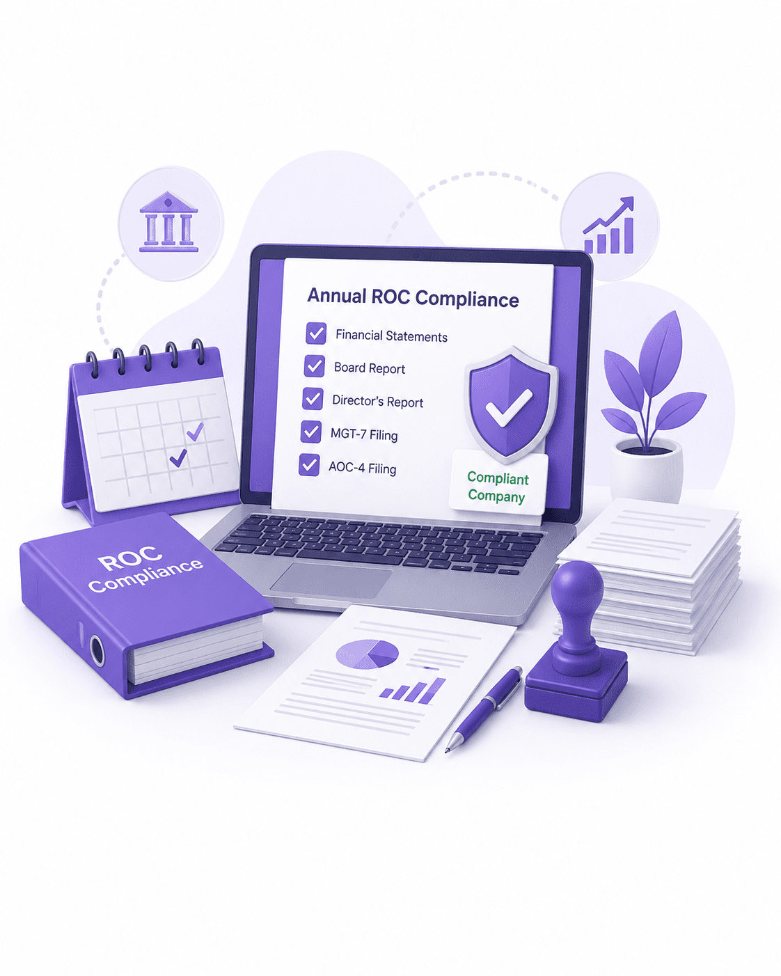 Annual ROC compliance illustration showing financial statements, compliance checklist, statutory filings and business governance.